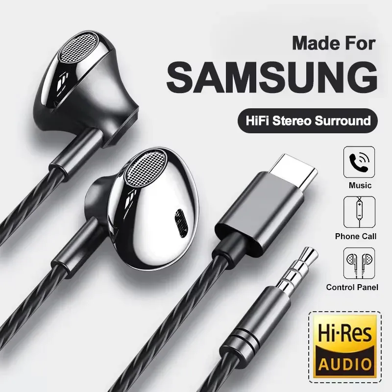 USB نوع C سماعة HiFi باس ستيريو التحكم في مستوى الصوت هيئة التصنيع العسكري 3.5 مللي متر السلكية سماعات الأذن ل غالاكسي S24 S23 S22 S21 الترا آيفون 15 برو ماكس — صورة 1