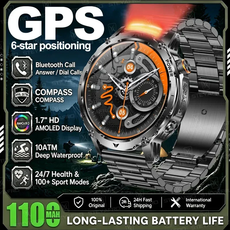 ساعات GPS عسكرية ببطارية 1100 مللي أمبير ساعة ذكية للرجال للرياضات الخارجية مع بوصلة ومصباح يدوي ومقاومة للماء حتى 10ATM وقياس معدل ضربات القلب ومكالمات بلوتوث — صورة 1