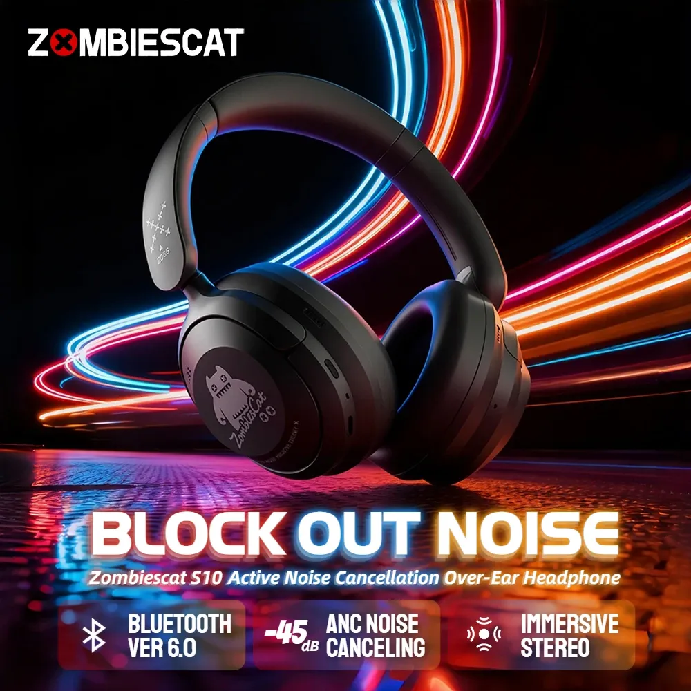 Zombies Cat S10 ANC سماعات بلوتوث 6.0 - 45dB نشط إلغاء الضوضاء سماعة HiFi ستيريو فوق الأذن سلك/سماعة رأس لاسلكية — صورة 1