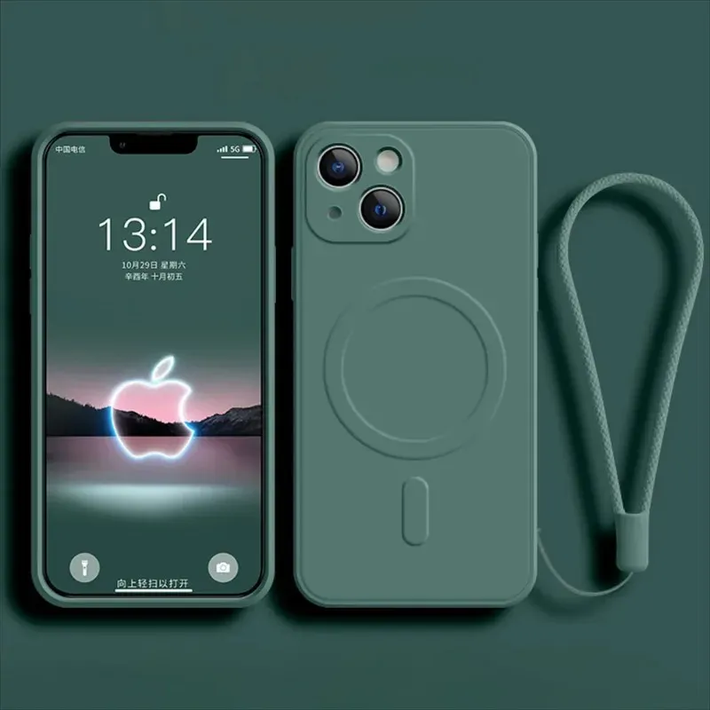 حافظة شحن لاسلكية مغناطيسية Magsafe لهاتف آيفون 15 16 14 13 12 11 Pro Max Mini XR XS Plus غطاء حزام من السيليكون السائل الناعم — صورة 1