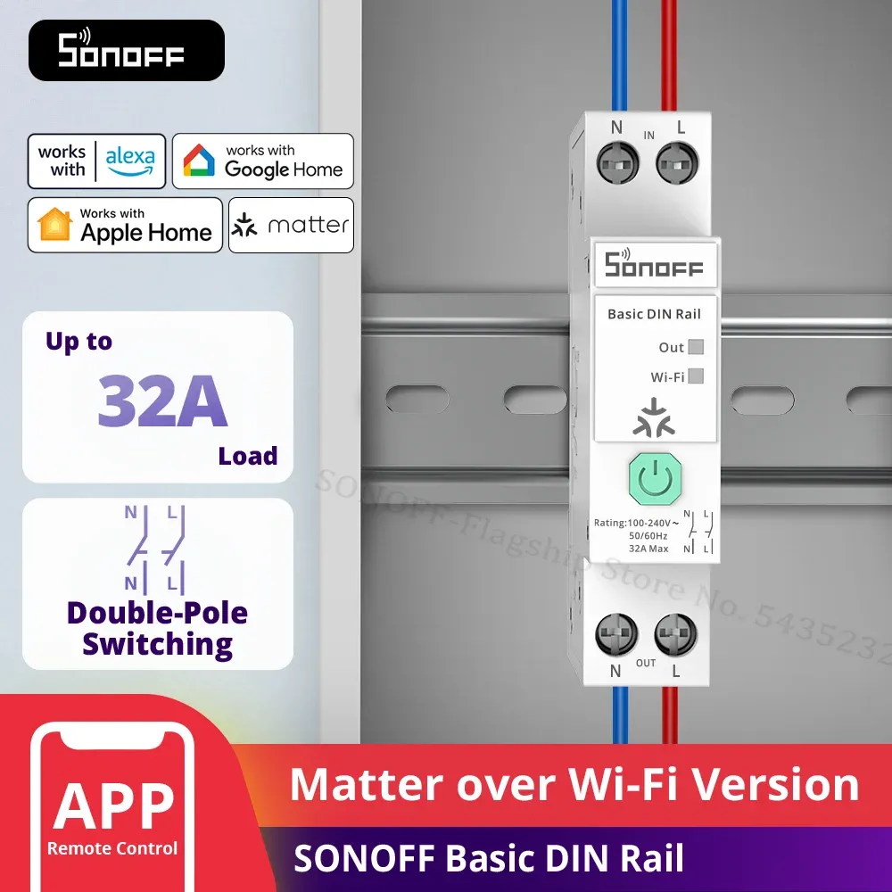 SONOFF BASIC-1GSP جهاز قياس الطاقة الأساسي للتركيب على سكة DIN بتقنية Matter عبر WiFi، يدعم تحميل 32 أمبير، مع تتبع فواتير الكهرباء، متوافق مع Apple Home — صورة 1