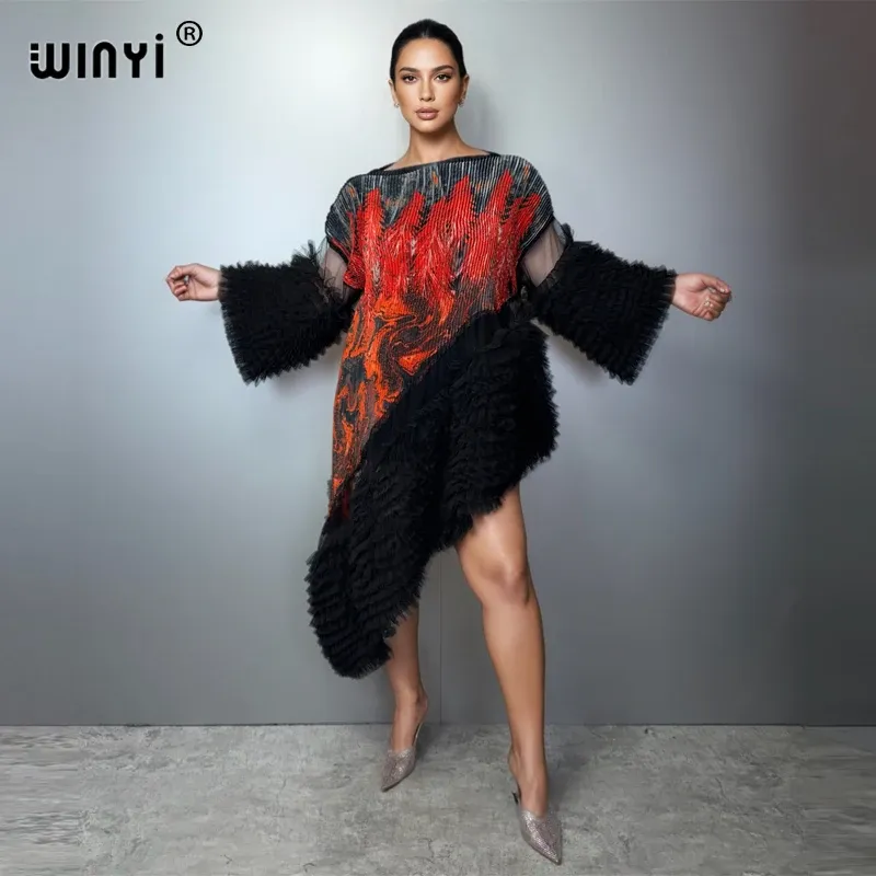 فستان قفطان غير منتظم من WINYI بأسلوب دبي، بأكمام منتفخة مرنة ومطوية، مناسب كغطاء للشاطئ، فستان فاخر للعطلات والحفلات والسهرات. — صورة 1