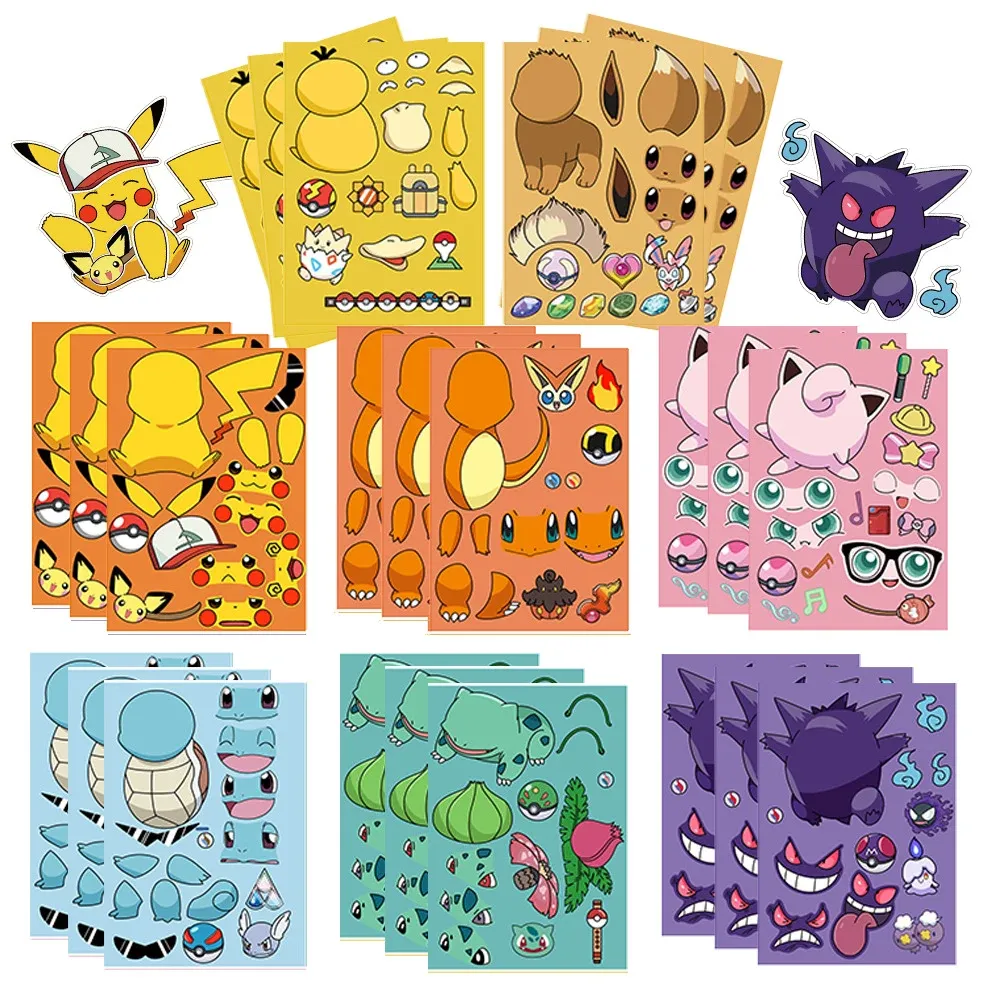 8/16 ورقة البوكيمون أنيمي بيكاتشو Gengar لغز ملصقات جعل وجه الأطفال الكرتون DIY بها بنفسك تجميع بانوراما الشارات الاطفال ديكور الحفلات — صورة 1