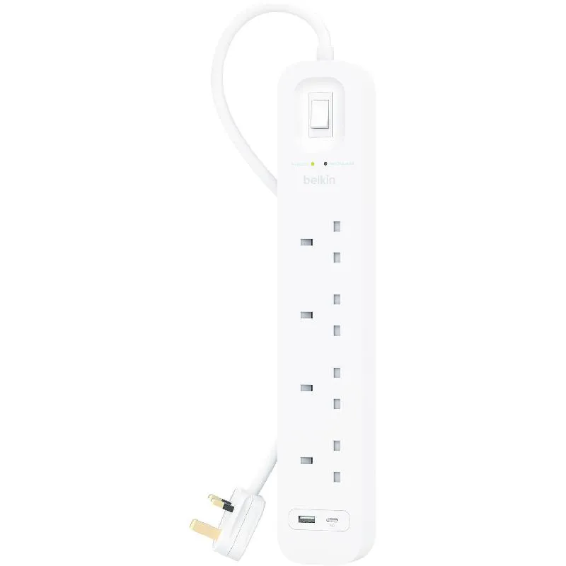 بيلكن واقي من ارتفاع التيار + يو اس بي، 4 1 منفذ 2 منافذ؛X USB/1X USB-C، 2.00 م