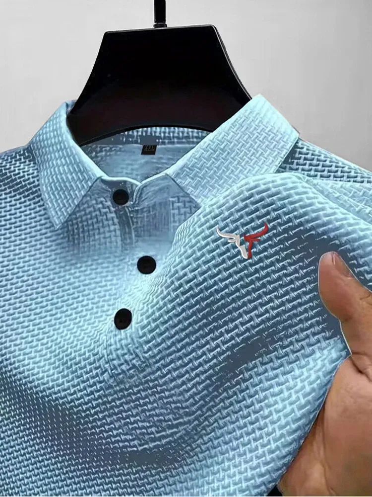 تي شيرت صيفي بأكمام قصيرة وطية صدر السترة من الحرير الجليدي للرجال، قميص رجالي — صورة 1