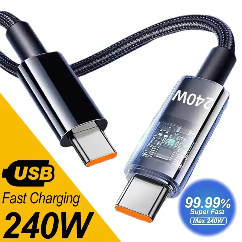 كابل شحن مزدوج 240 وات من النوع C USB C إلى النوع C شحن سريع من النايلون المضفر سلك بيانات من النوع C لأجهزة الكمبيوتر المحمول Samsung Huawei Mi — صورة 1