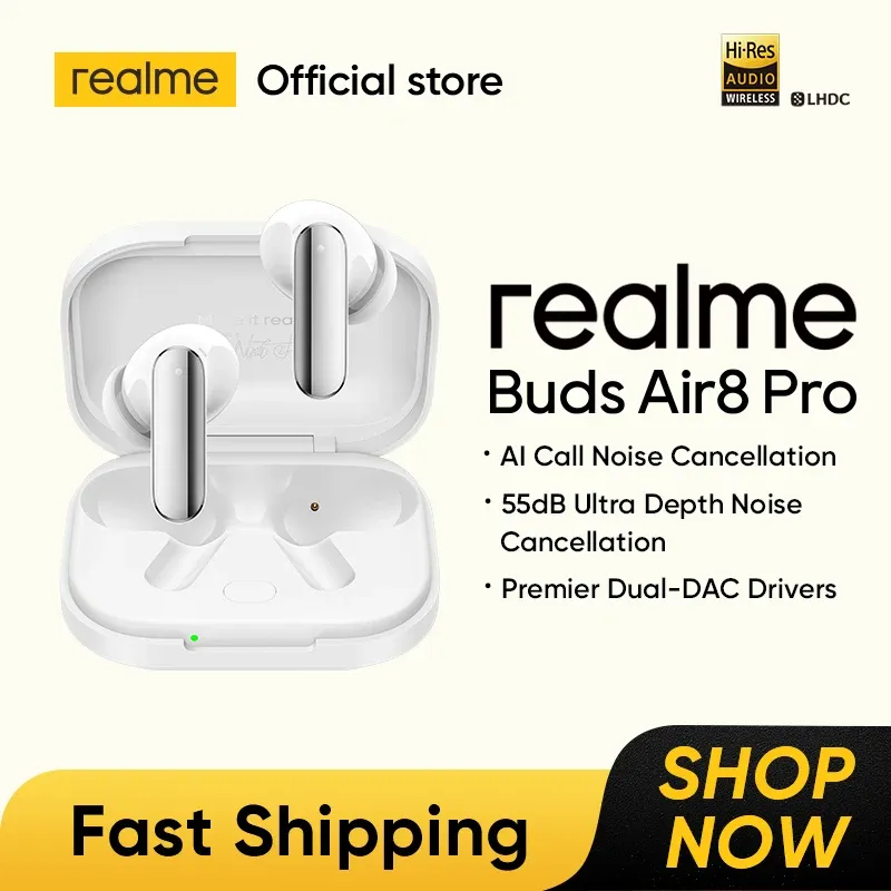 سماعات أذن لاسلكية realme Buds Air8 Pro TWS الإصدار العالمي مع ترجمة بالذكاء الاصطناعي ومشغلات DAC مزدوجة 11+6 مم — صورة 1