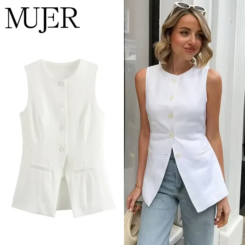 MUJER 2025 الأبيض سترة دون أكمام المرأة زر الصيف سترات للنساء سترة الوردي سترة المرأة الشارع الشهير المرأة مصممة سترة — صورة 1