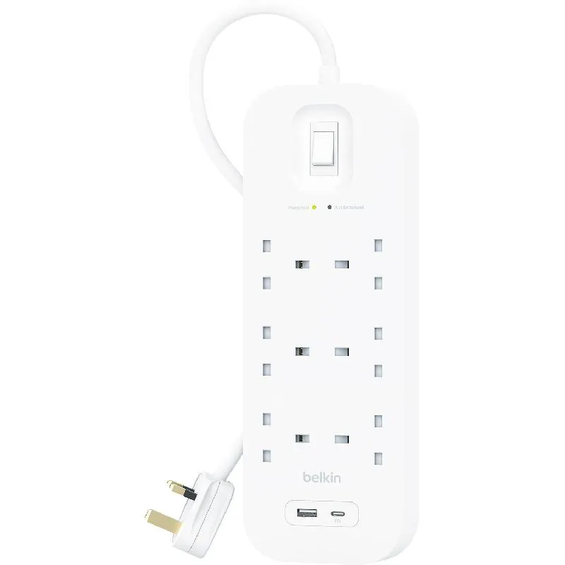 بيلكن واقي من ارتفاع التيار + يو اس بي، 6 1 منفذ 2 منافذ؛X USB/1X USB-C، 2.00 م
