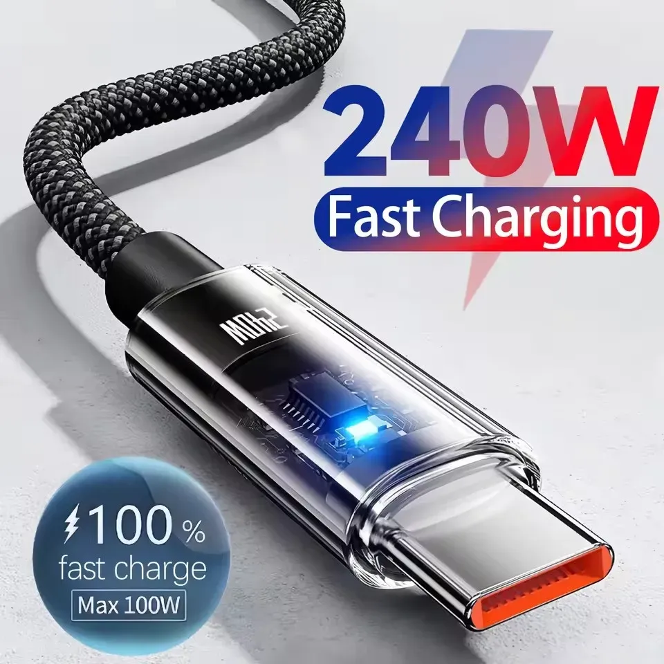 كابل نايلون 240 وات USB من النوع C كابل شحن سريع للغاية لهاتف Samsung Xiaomi Huawei Honor LED شاشة رقمية شاحن سريع سلك بيانات — صورة 1