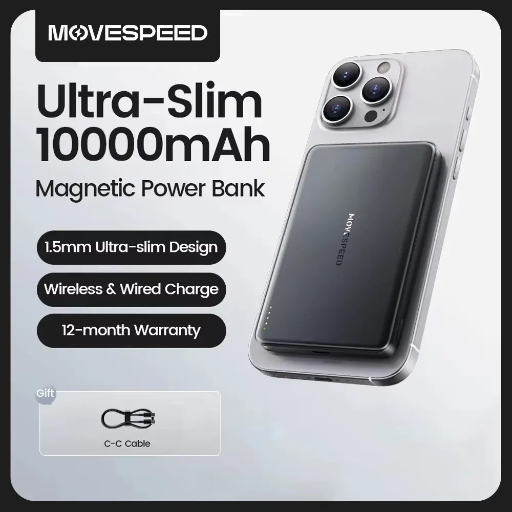 MOVESPEED S10 بنك الطاقة المغناطيسي النحيف 10000mAh PD20W شاحن محمول بطارية خارجية لاسلكية آيفون 16 سامسونج Powerbank — صورة 1