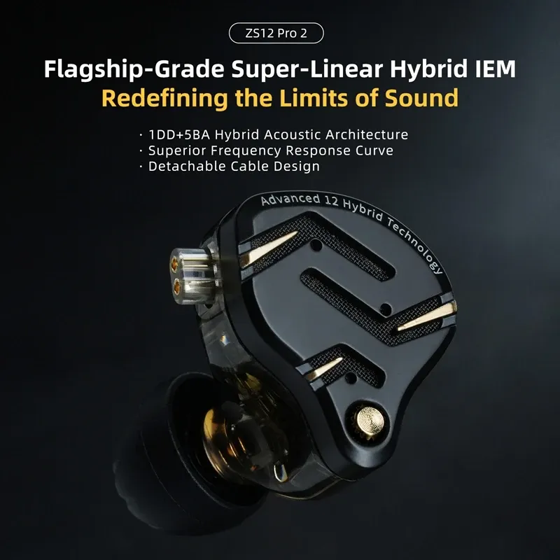 سماعات أذن KZ ZS12 PRO 2 هجينة 1DD + 5BA عالية الدقة مع تحسين الصوت الجهير، سماعات رأس قابلة للفصل للألعاب — صورة 1