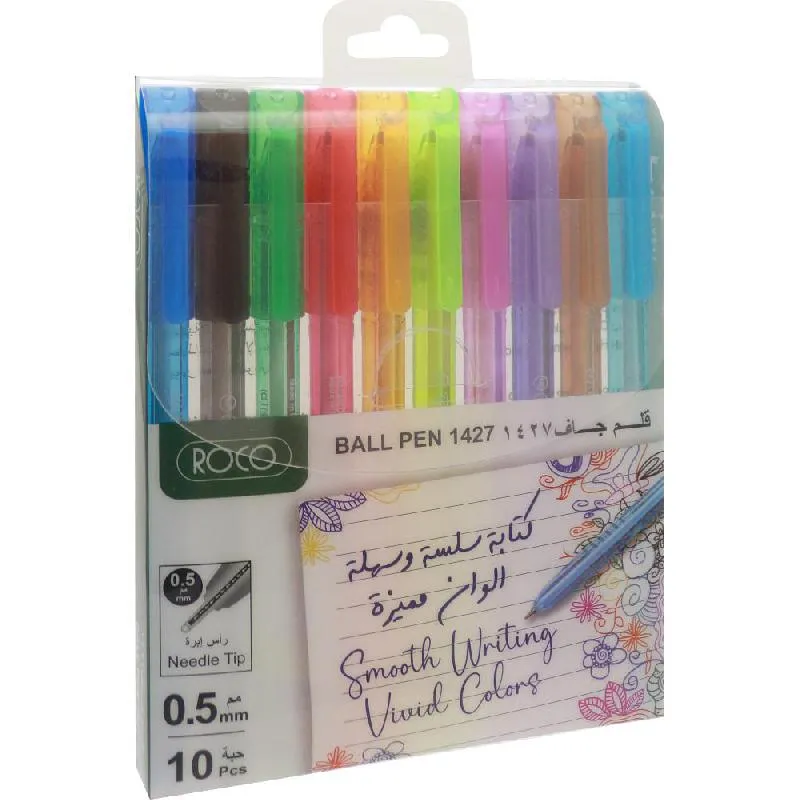 روكو 1427 قلم حبر جاف، ألوان حبر متنوعة، 0.5 مم، رأس حبر كروية، 10 أقلام