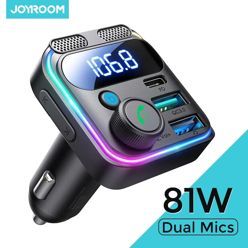 جهاز إرسال FM للسيارة من JOYROOM بقوة 81 واط مع بلوتوث 6.0 وميكروفونين وشحن سريع PD وQC 3.0 ومحول شحن ومشغل USB للمكالمات بدون استخدام اليدين — صورة 1