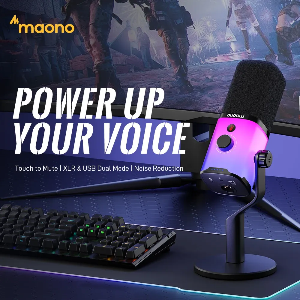 مايكروفون ألعاب MAONO USB/XLR للكمبيوتر PD100X، مايكروفون ديناميكي مع تقليل الضوضاء، مقبس سماعات رأس، إضاءة RGB للبث والبودكاست — صورة 1
