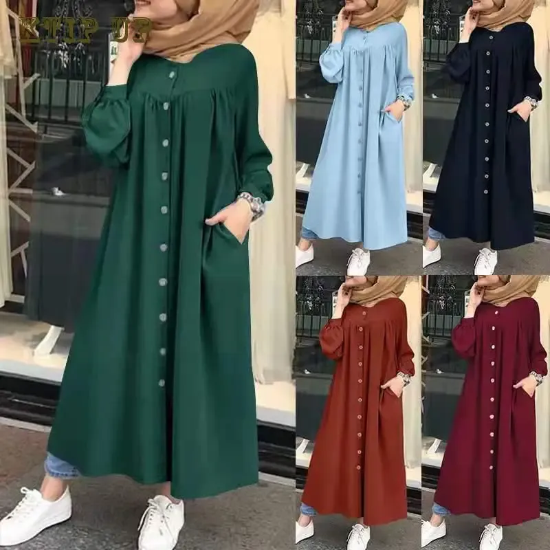 فستان حجاب كيمونو طويل إسلامي للنساء، عباية دبي، ملابس إسلامية، قميص بأزرار، فساتين ماكسي، عباية أفريقية — صورة 1