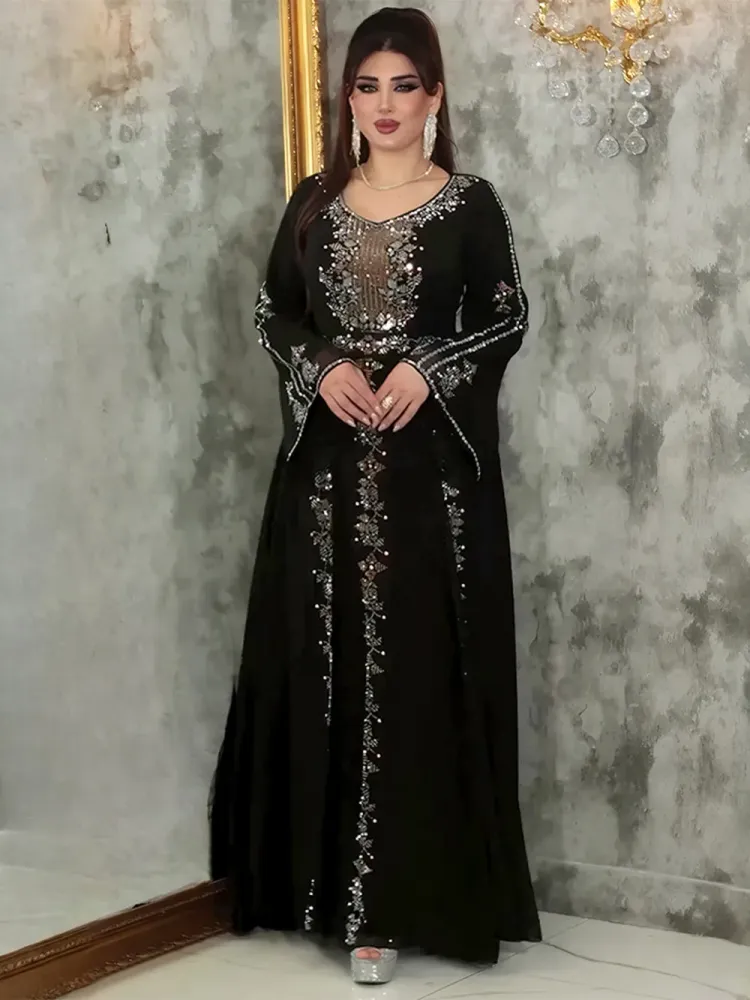 فساتين شيفون بأكمام مكشكشة أنيقة للنساء لحفلات الزفاف ثوب مسائي أفريقي Dashiki Diamond عباية ملابس دبي تركيا — صورة 1