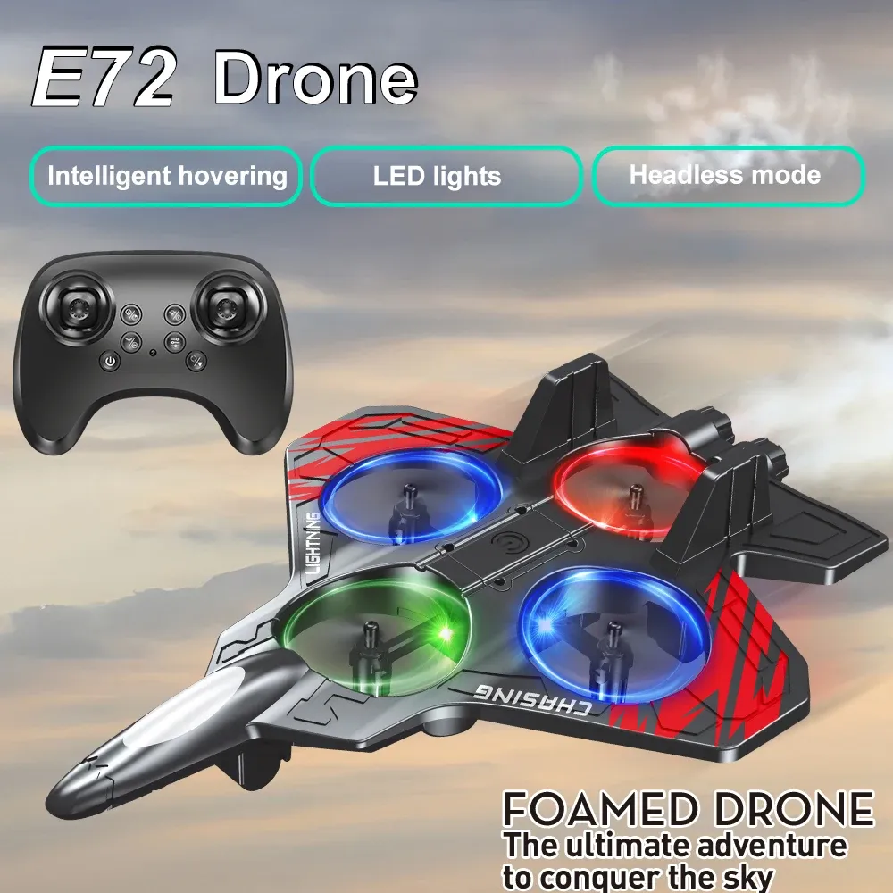 E72 طائرات رغوية عالية الأداء تحوم ذكي ثابت الارتفاع 360 درجة ° لعبة مقاتلة للتحكم في أضواء LED عن بعد بدون طيار — صورة 1