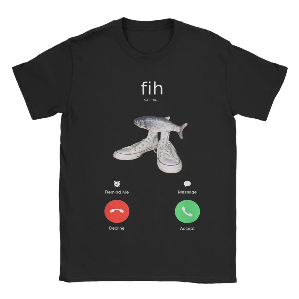 تي شيرت نسائي بياقة دائرية بتصميم Fih Meme Fish Calling (Fih Is Calling) مطبوع بشكل مميز، مسامي، بأكمام قصيرة، كاجوال، بتصميم هاراجوكو، ذو طابع جمالي. — صورة 1