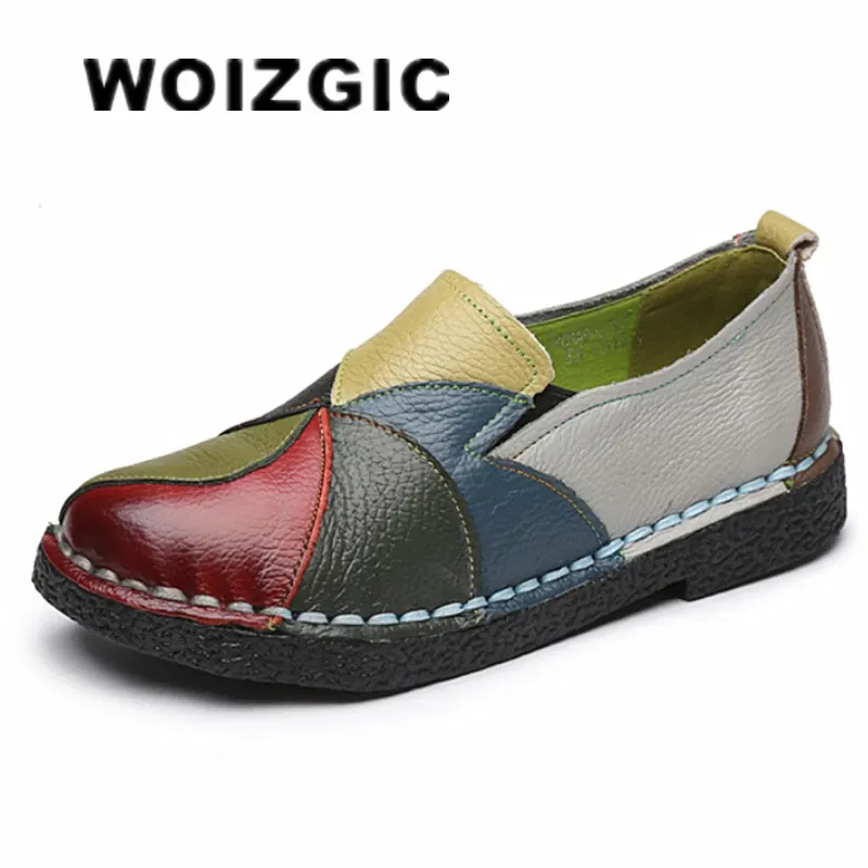 WOIZGIC المرأة السيدات أنثى امرأة حذاء للأمهات الشقق حقيقية أحذية جلدية بدون كعب الأخفاف مختلط ملون عدم الانزلاق على حجم كبير 42 — صورة 1