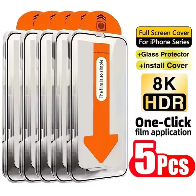 1-5 قطع، واقي شاشة زجاجي مقوى خالٍ من الغبار، سهل التركيب، لأجهزة iPhone 18 و17 Pro Max و17 Air و16 و15 و14 و13 و12 و11 و16e وX وXR وXS و7 و8 Plus. — صورة 1