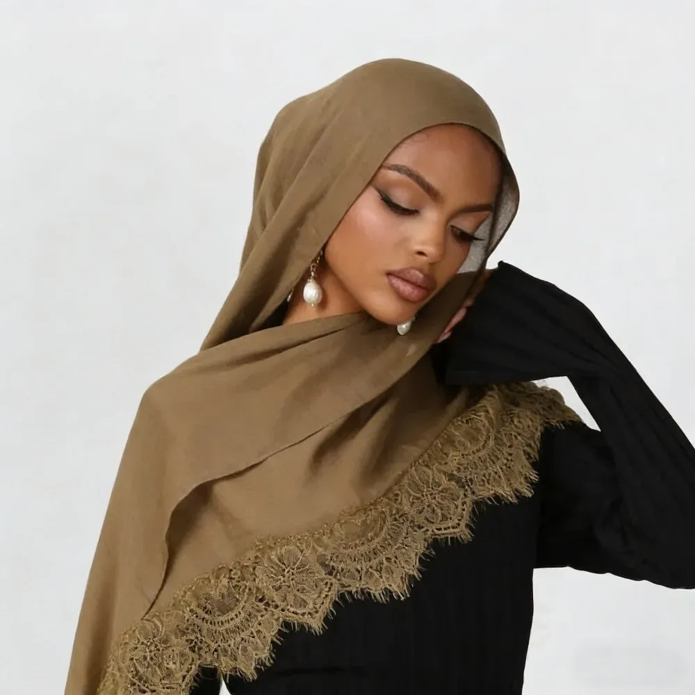حجاب جديد من القطن والرايون مع تطريز دانتيل، وشاح إسلامي بلون موحد قابل للتنفس، شال من القطن والكتان، غطاء رأس صيفي، عمامة نسائية — صورة 1