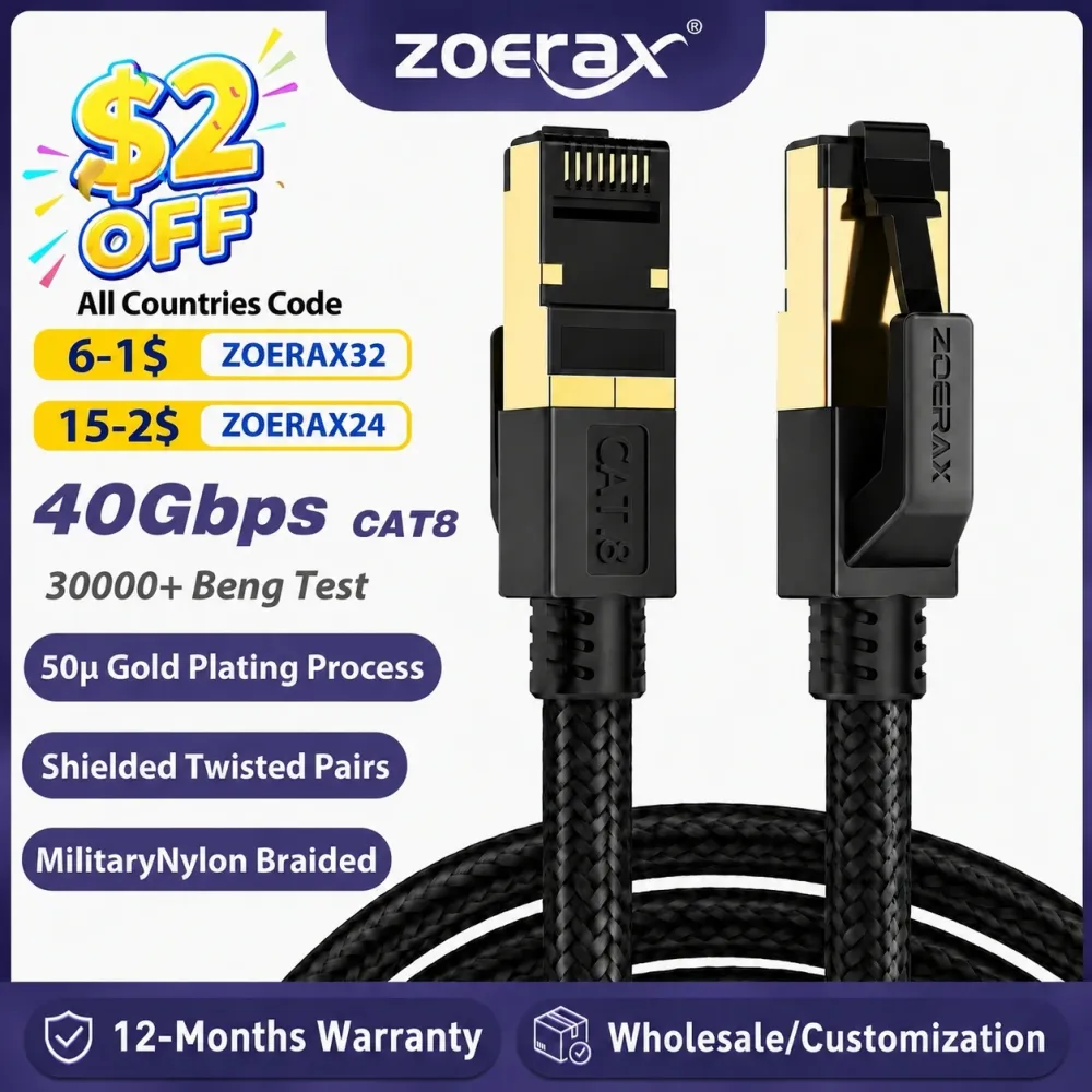 ZoeRax Cat8 كابل إيثرنت 0.3-30 متر 40 جيجابت في الثانية 2000 ميجا هرتز RJ45 CAT8 شبكة النايلون مضفر الإنترنت Lan الحبل لأجهزة الكمبيوتر المحمول PS 5/4 راوتر — صورة 1