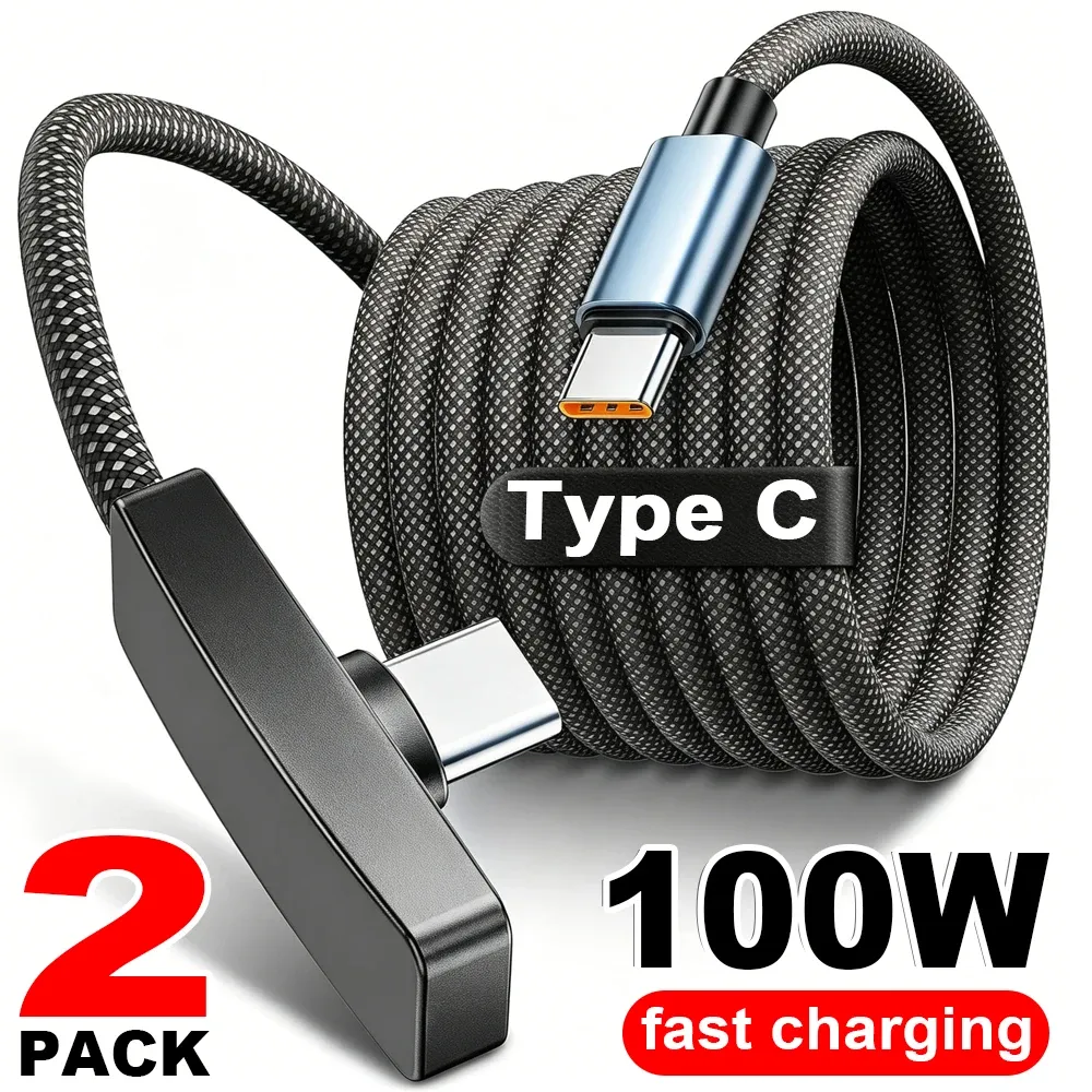 كابل USB نوع C بزاوية 90 درجة، شحن سريع 100 واط، كابلات نقل البيانات، سلك USB-C محمول بزاوية قائمة لهواتف آيفون وسامسونج وشاومي — صورة 1