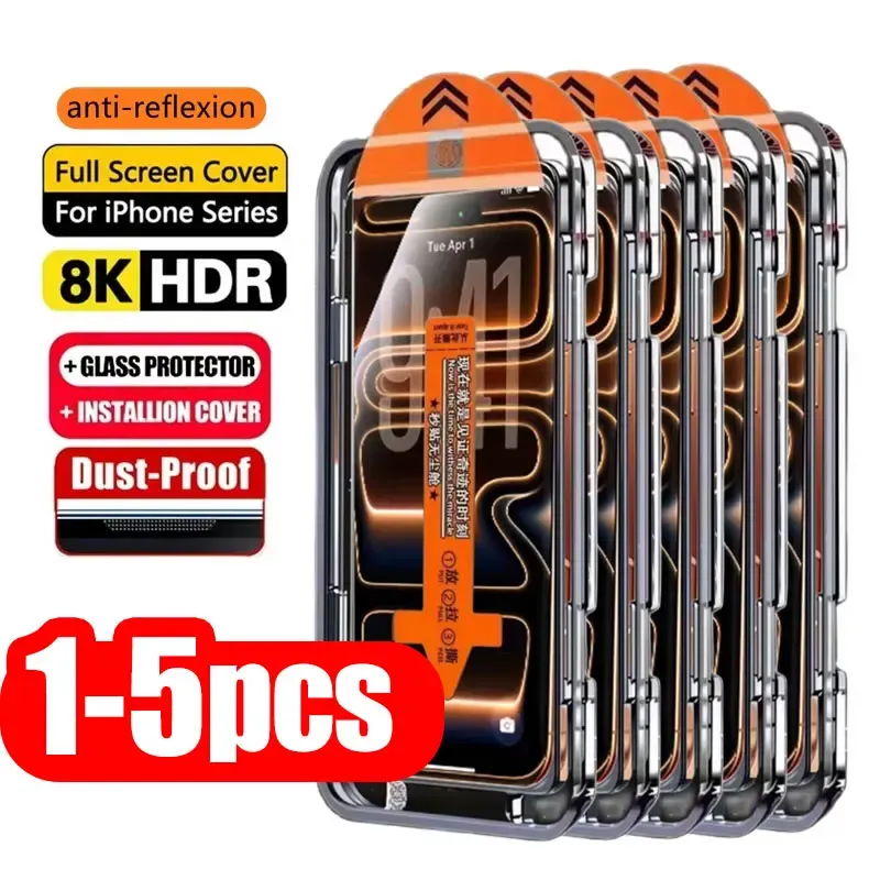 1-5 قطع، واقي شاشة عالي الدقة سهل التركيب لهواتف iPhone 18 Pro Max و17 و15 و16 و13 و11 و14 و16e و12 Mini وXR وX وXs و7 و8 Plus وAir، مصنوع من زجاج مقوى. — صورة 1
