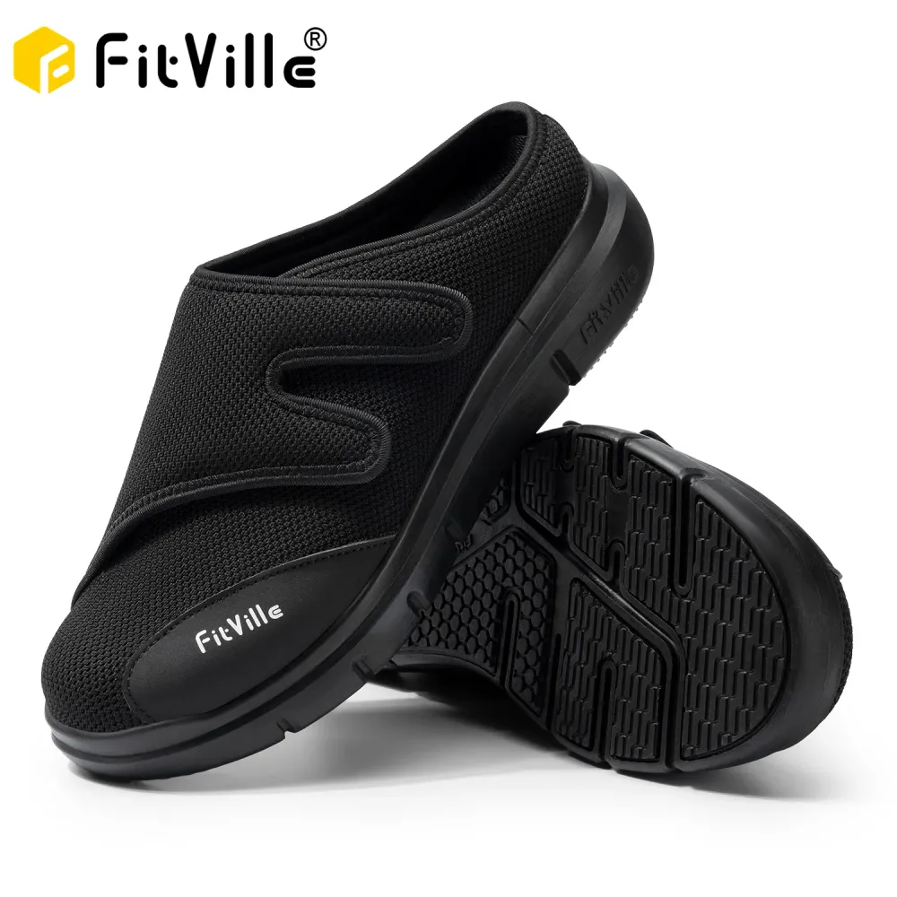 FitVille الرجال نصف النعال أحذية السكري اضافية واسعة قابل للتعديل خفيفة الوزن حذاء كاجوال للأقدام منتفخة التهاب اللفافة الأخمصية — صورة 1