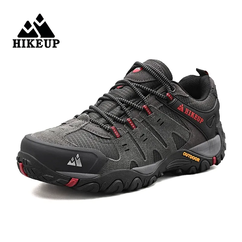 HIKEUP أحذية المشي لمسافات طويلة للرجال من جلد الغزال أحذية خارجية مقاومة للاهتراء للرجال والرحلات والمشي والصيد أحذية رياضية تكتيكية — صورة 1